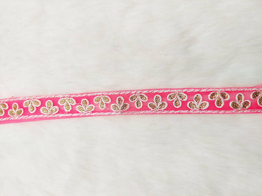 Wholesale Cerise Pink Net Lace Floral Embroidery & Glitter Gold Sequins, Indian Wedding Border, Gifting Ribbon Costume Trim Fashion Trimming